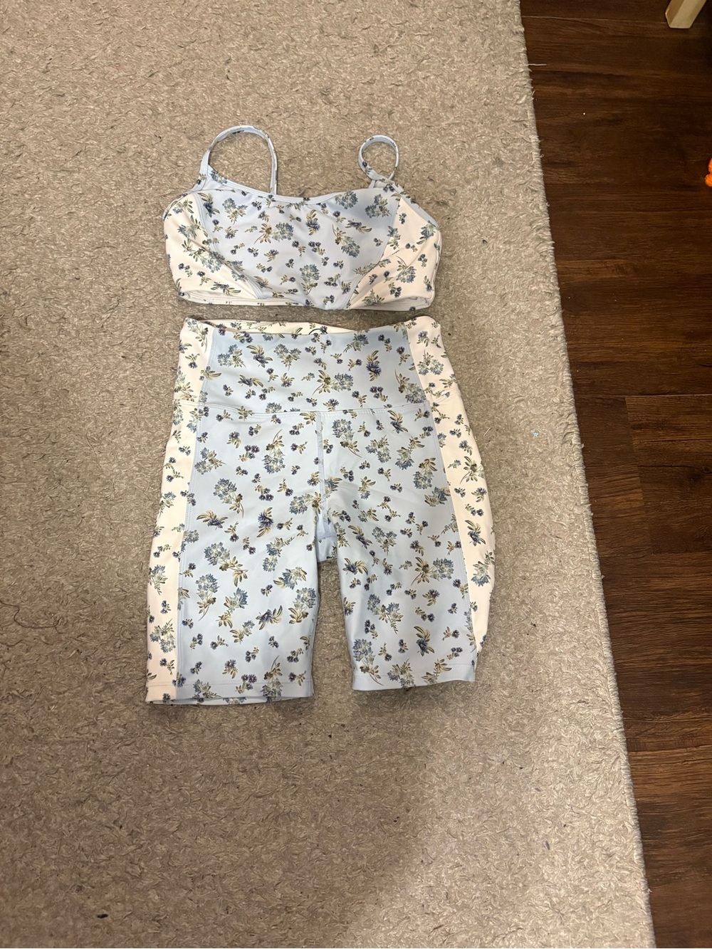 Floral Print Light Blue Track Shorts with Cream Side Panels